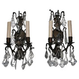 Elegant pair of Italian 1920's bronze/crystals sconces