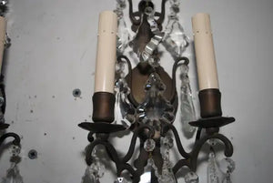 Elegant pair of Italian 1920's bronze/crystals sconces
