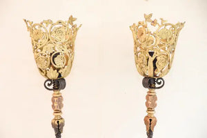 Beautiful pair of 1920's iron/bronze/brass torchiere