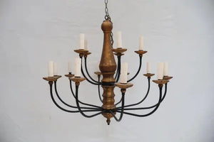 Large 1940's wrought iron and wood chandelier