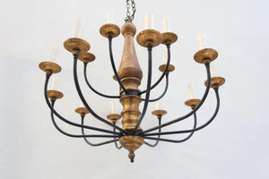 Large 1940's wrought iron and wood chandelier