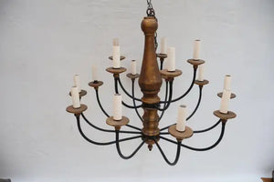 Large 1940's wrought iron and wood chandelier