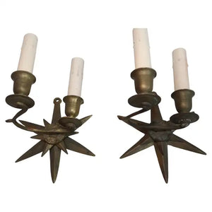 Rare pair of French 1940's star brass sconces