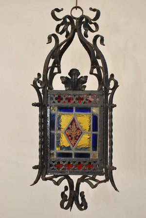 Beautiful French 1920's iron lantern with stain glass