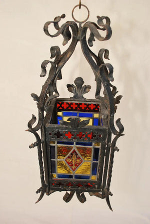 Beautiful French 1920's iron lantern with stain glass