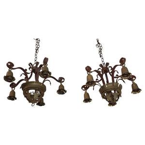 Pair of 1920's wrought iron/brass chandeliers