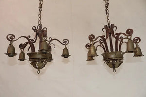 Pair of 1920's wrought iron/brass chandeliers
