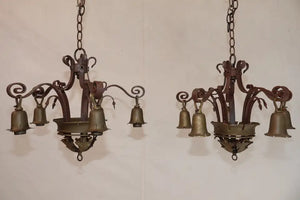 Pair of 1920's wrought iron/brass chandeliers