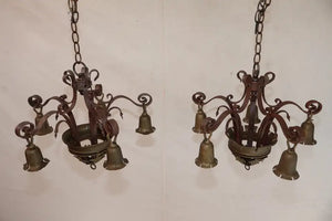 Pair of 1920's wrought iron/brass chandeliers