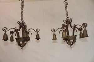 Pair of 1920's wrought iron/brass chandeliers