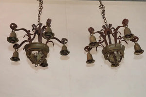 Pair of 1920's wrought iron/brass chandeliers