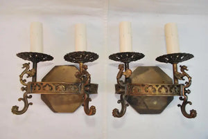 Pair of 1920's brass sconces with dragons