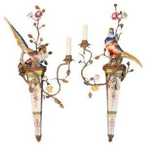 Beautiful and rare large Pair of 1940's porcelain and brass sconces