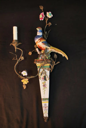 Beautiful and rare large Pair of 1940's porcelain and brass sconces