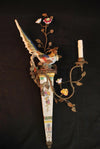 Beautiful and rare large Pair of 1940's porcelain and brass sconces