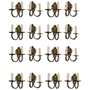 Rare Set of 16 French 1940s Brass Sconces '14 Double, Two Single'