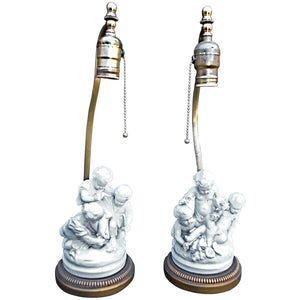 Charming Pair of 1920s French Porcelain Cherubs Lamps