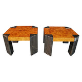 Sexy pair of skysside tables in the style of MIlo Baughman with burl walnut wood