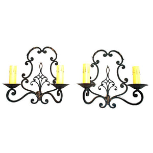 Antique Pair Of French 1930 Wrought Iron Sconces