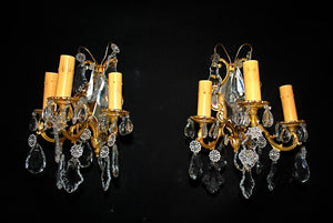 Antique Pair Of French 1950 bronze and crystal Mirror Sconces