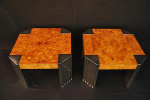 Sexy pair of skysside tables in the style of MIlo Baughman with burl walnut wood