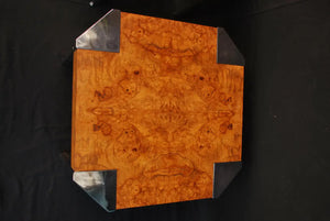 Sexy pair of skysside tables in the style of MIlo Baughman with burl walnut wood